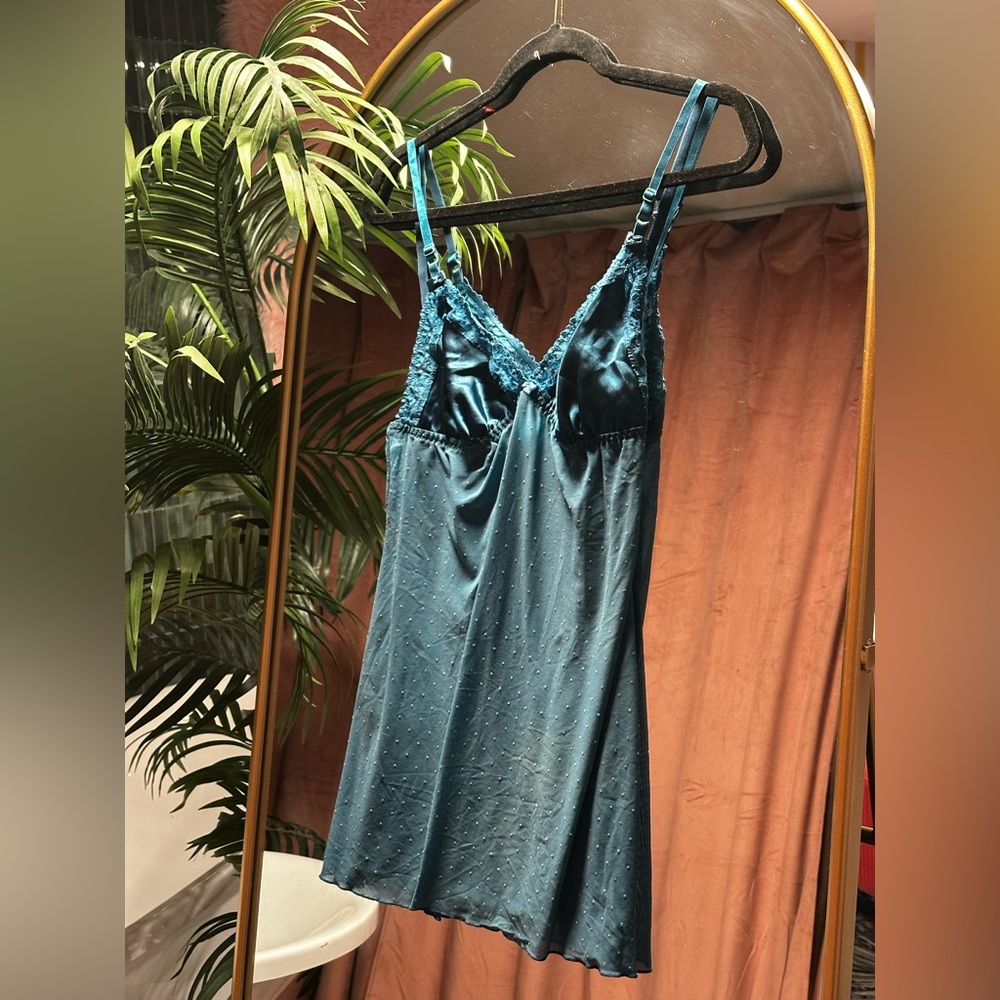 Blush Teal Satin Chemise with Lace Detail